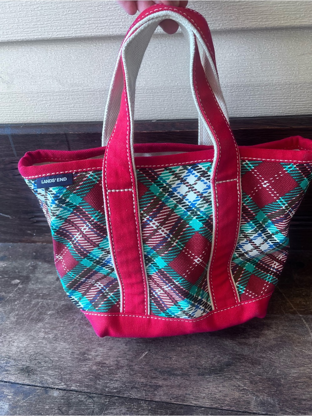 Lands' End Red Plaid Canvas Tote Christmas holiday mini Bag